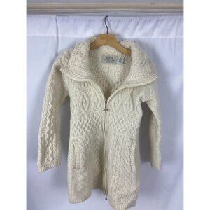 Aran Ireland  Cream 100% Merino Wool Full Zip‎ Sweater Women's Small.